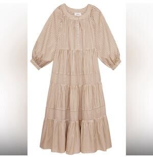 THE GREAT. Patio Tiered Swingy Blouson Maxi Dress in Cream Malt Stripe 0 Small